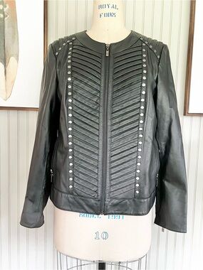 Pamela McCoy Genuine Leather Moto Studded Notch Collar Black Jacket SZ M